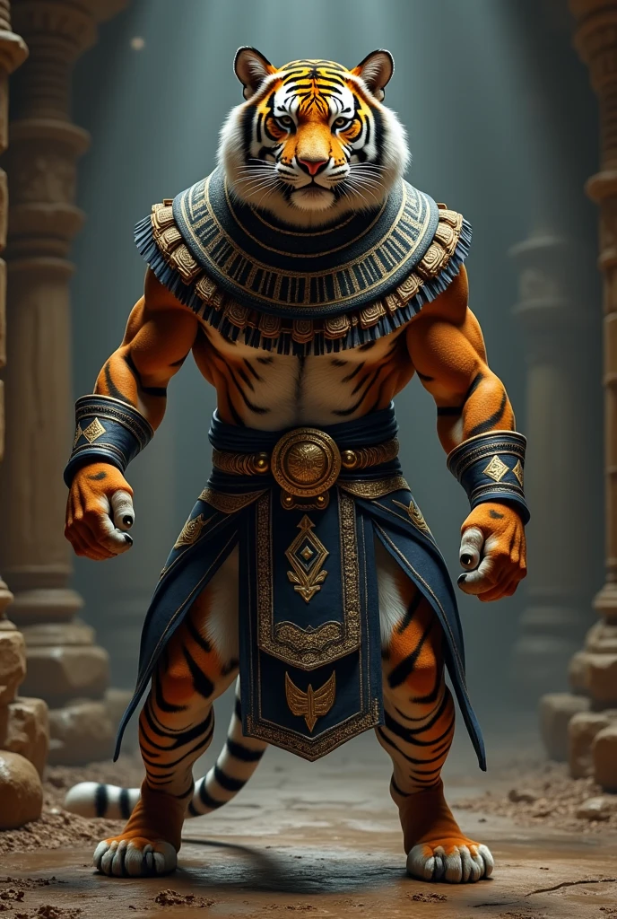 A South China tiger. Wearing a black, blue, and gold Egyptian-looking attire with the same white and orange diamond decorations. Doing a martial arts pose.