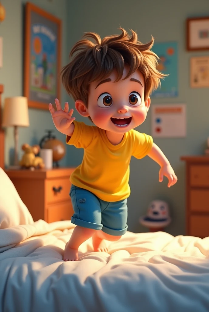 animated style, Generate a boy in a yellow t-shirt and blue shorts getting out of bed quickly
