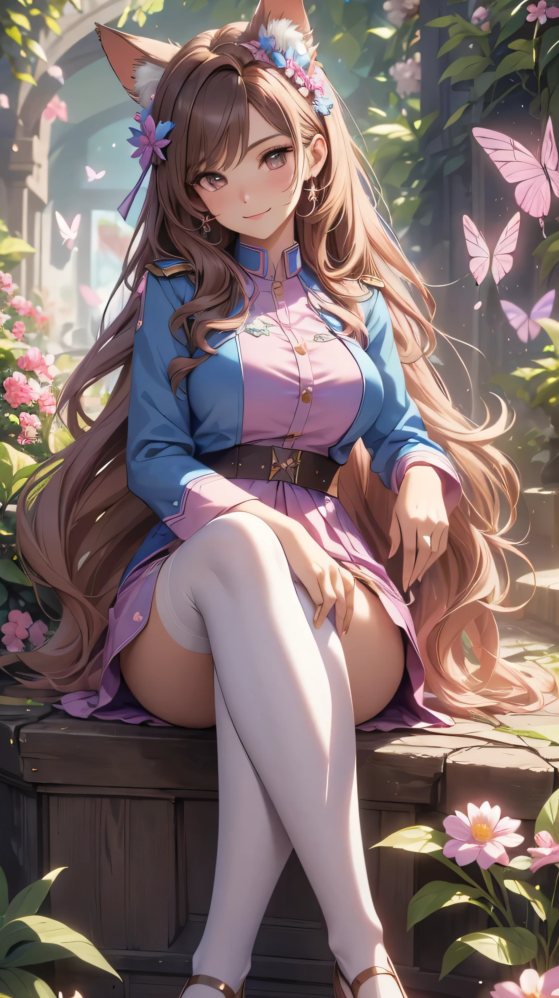 (best quality,4k,8k,highres,masterpiece:1.2),ultra-detailed,(realistic,photorealistic,photo-realistic:1.37),acrylic painting,beautiful Brazilian model in a uniform outfit with downy hair,beautiful Brazilian model with extremely colorful brown hair and detailed facial features,beautiful Brazilian model standing in a beautiful garden sakura flowers, long hair,cat ears, hair bows, uniform blue and pink outfits, smile, happy face,light brown hair,butterflies, brown eyes, mature woman, older woman, 30 year old, adult woman. Older lady, legs crossed