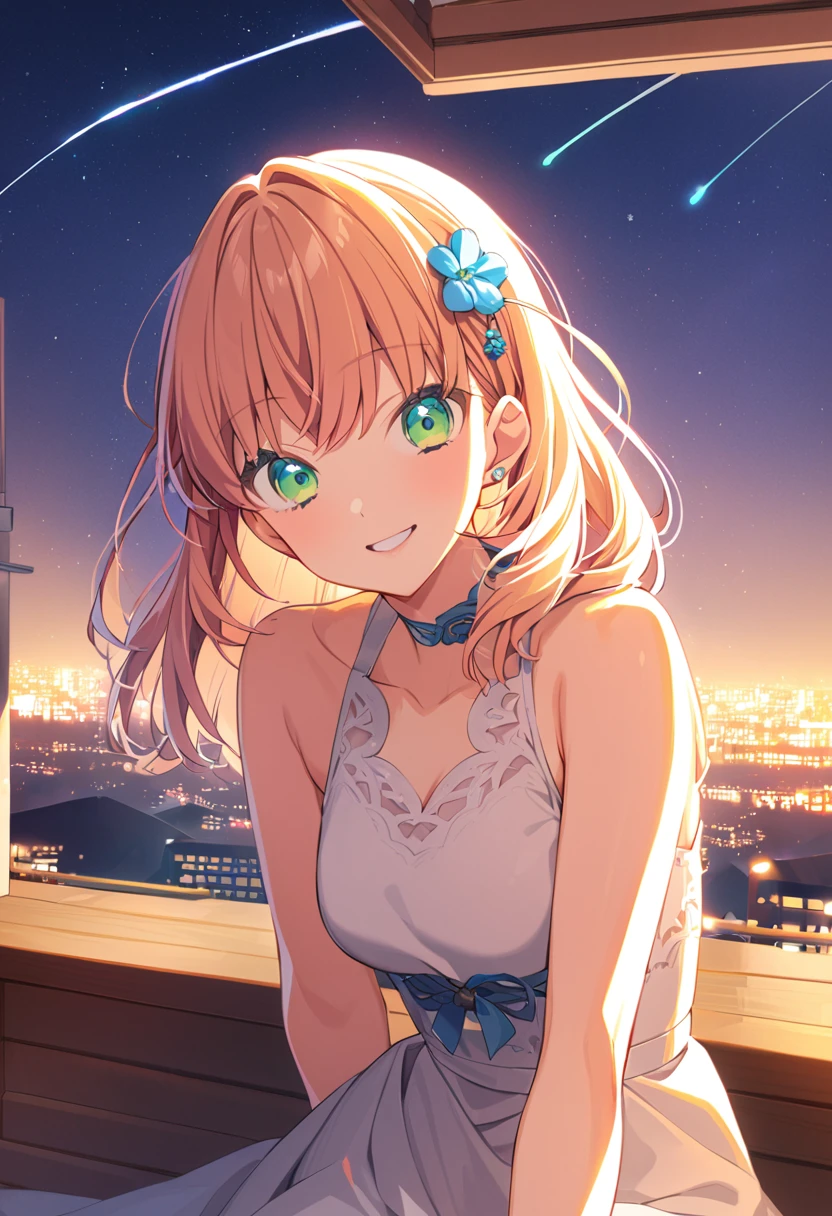 sfw,hinoshita kaho,orange hair, hair ornament,(Perfect hands),(Perfect Anatomy),(masterpiece),(highest quality) ,1girl,smile,独奏,night,rooftop, shooting star,