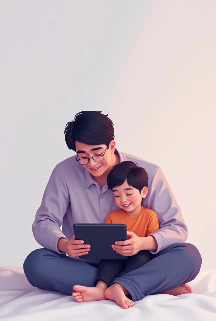 father and son watching a tablet, colors white, gray, ?????, lila, purple, rosado