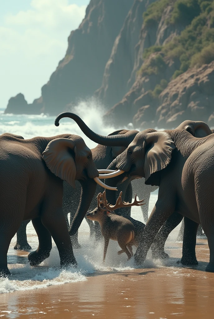 Group of Elephants with sneak head eating deer butaly in a sea