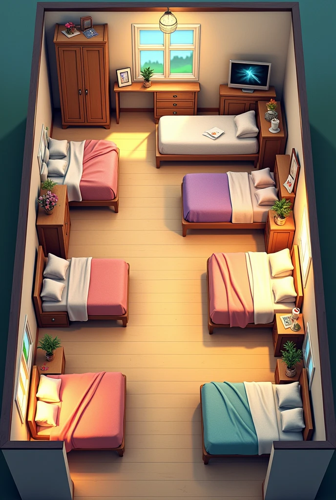 Our house has 5 rooms, all of which have a bed, TV, closet, some have mirrors, desk and mats. In our rooms, everyone decorates them to their liking.