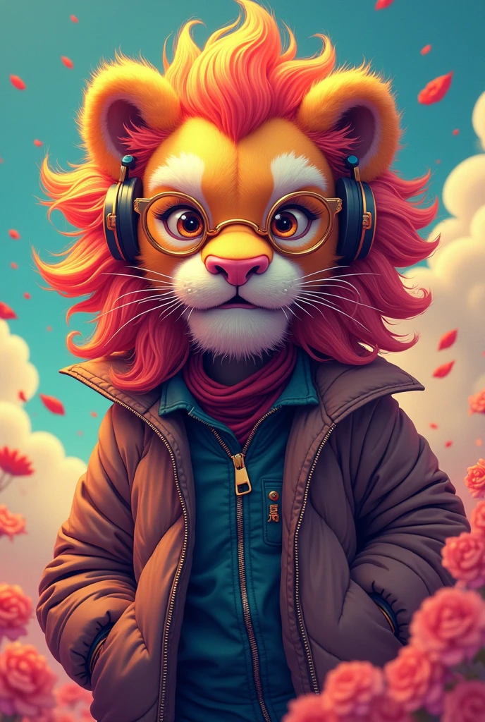 chinese style， cartoon lion，velues，highly detailed surreal vfx，独奏，vision，Ultrathin，extremely detaild，high qualiy，8k ，OC rendering，dynamic perspective, in jacket and headphones