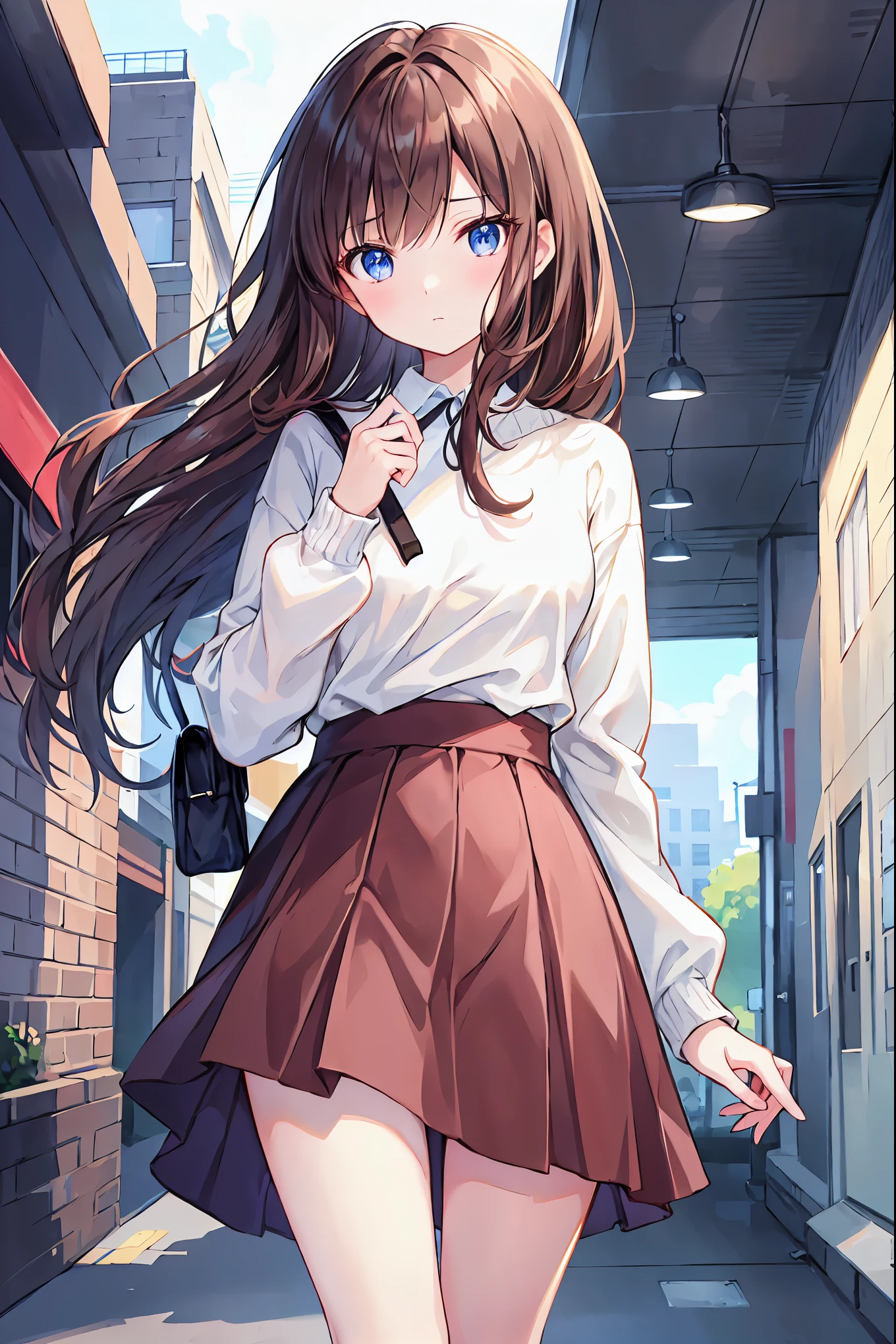 Brown Hair,Shortcuts,Messy Hair,Slender beauty,A dignified posture,Small chest,Beautiful feet,Her captivating grey-blue eyes shine like stars,there is nothing、masterpiece、Chizuru Ichinose、Brown Hair、I、For women、outside of home、Detailed Background、Detailed eyes、((Brown eyes)),Beautiful and perfect legs, Clean and perfect hand rack)、functional、Brown summer knit sweater,Check Tight Skirt