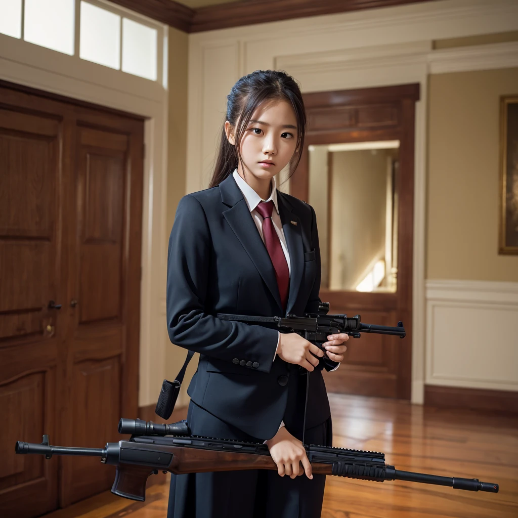 a girl wearing a suit, holding a rifle in hand, stern expression, background inside a mansion