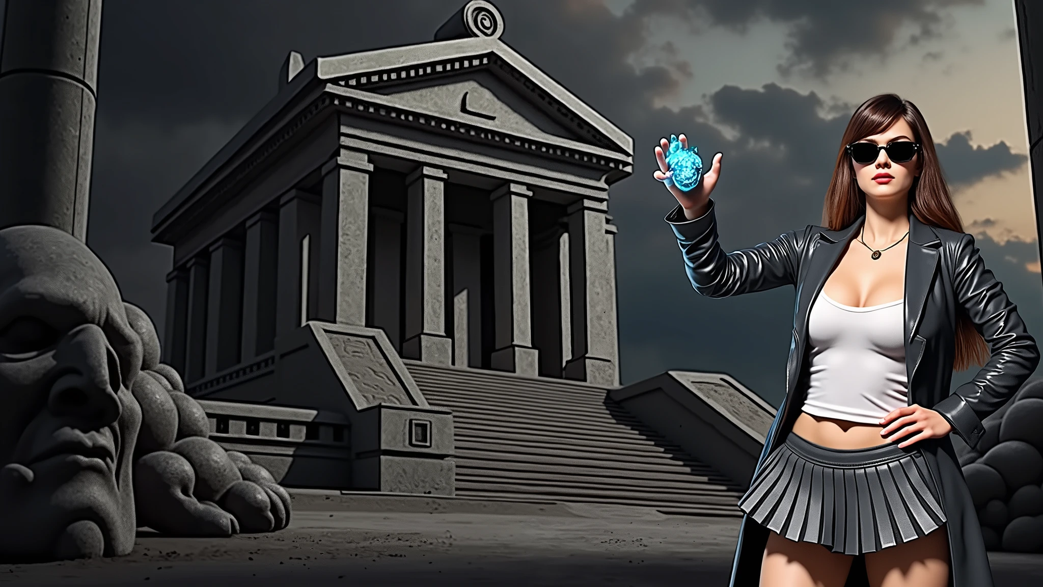 A young futuristic female sorcerer with a glowing floating small crystal stone, releasing mysterial spell and magical power, facing and defeating dark forces and beings. She stands with her right hand raised forward with a blue fire of light, at night, (1girl, solo, alone), photorealistic, large-breast slim:0.6 body, oval:0.5 face, cleavage:1.1, very low angle view of pleated miniskirt, deep-v, (upskirt), glove, (Matrix style black micro sunglasses), dynamic running pose, (half-body thigh level close-up shot), cinematic lighting, ray tracing, motion blur background.