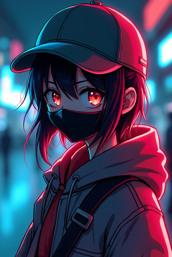 A anime wearing a cap and mask and outline with neon colour with retro effect