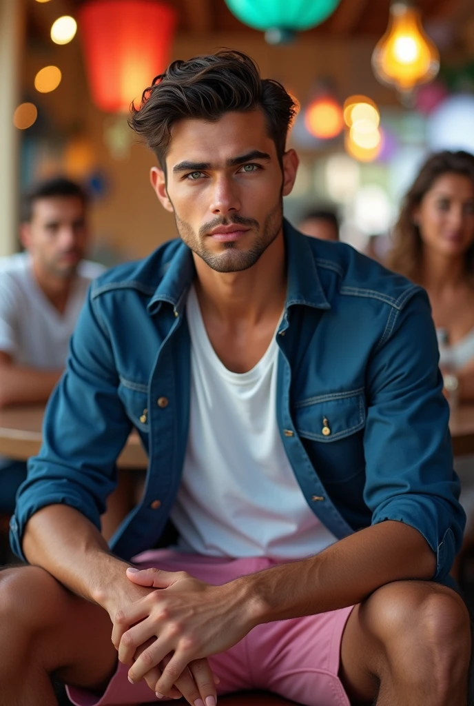 (photorealism:1.2), (8k) (detailed) (Whole body) Give me a man, facial features: square face with a pronounced jawline, prominent cheekbones and thick, dark eyebrows. Adds youth to your appearance. hair: hair oscuro, usually combed back or styled slightly tousled, which can vary between short and medium. eyes: eyes verdes oscuros, with a penetrating look that expresses confidence, with cross-shaped rings on each side. Complexion: slim and well defined. height 1,80, which gives it an imposing presence. style: Your style of dress: White shirt, short rosa. Skin tone: Skin tone bronceado, typical of the Mediterranean. Expression: He usually has a serious or concentrated expression., Although he can display a charming and confident smile. (sitting in a restaurant in a blue jacket, white polo and blue ripped jeans with friends) (High resolution), (4k).