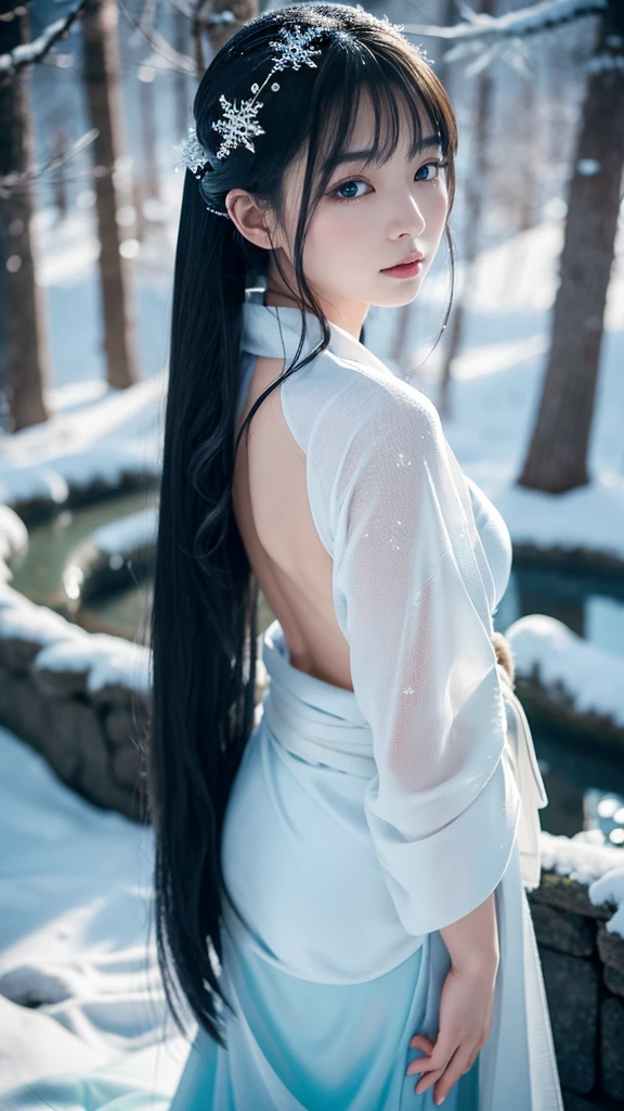 **Prompt:** Create an ultra-realistic 8K resolution image of Yuki-onna, the mythical figure from Japanese folklore, reimagined as the ultimate embodiment of beauty. Yuki-onna is depicted as a hauntingly beautiful woman with long, flowing black hair that cascades down her back, contrasting against her pale, porcelain-like skin. Her eyes are a mesmerizing icy blue, radiating an aura of calm yet cold intensity.

She wears a traditional white kimono, intricately designed with subtle snowflake patterns that shimmer in the moonlight. The kimono is delicately wrapped around her slender figure, with the obi tied elegantly at her waist. Snowflakes gently fall around her, adding to the ethereal atmosphere. Her expression is serene, with a hint of mystery, as she gazes into the distance, embodying both allure and an otherworldly presence.

The background showcases a snow-covered forest, bathed in the soft glow of the moonlight, with trees delicately covered in frost. The air is filled with a sense of stillness and tranquility, capturing the essence of Yuki-onna as the ultimate snow spirit, blending her mythical origins with a modern interpretation of beauty.
