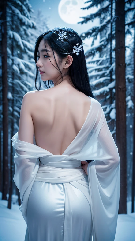 **Prompt:** Create an ultra-realistic 8K resolution image of Yuki-onna, the mythical figure from Japanese folklore, reimagined as the ultimate embodiment of beauty. Yuki-onna is depicted as a hauntingly beautiful woman with long, flowing black hair that cascades down her back, contrasting against her pale, porcelain-like skin. Her eyes are a mesmerizing icy blue, radiating an aura of calm yet cold intensity.
She wears a traditional white kimono, intricately designed with subtle snowflake patterns that shimmer in the moonlight. The kimono is delicately wrapped around her slender figure, with the obi tied elegantly at her waist. Snowflakes gently fall around her, adding to the ethereal atmosphere. Her expression is serene, with a hint of mystery, as she gazes into the distance, embodying both allure and an otherworldly presence.
The background showcases a snow-covered forest, bathed in the soft glow of the moonlight, with trees delicately covered in frost. The air is filled with a sense of stillness and tranquility, capturing the essence of Yuki-onna as the ultimate snow spirit, blending her mythical origins with a modern interpretation of beauty.