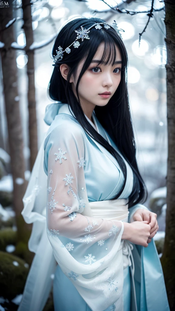 **Prompt:** Create an ultra-realistic 8K resolution image of Yuki-onna, the mythical figure from Japanese folklore, reimagined as the ultimate embodiment of beauty. Yuki-onna is depicted as a hauntingly beautiful woman with long, flowing black hair that cascades down her back, contrasting against her pale, porcelain-like skin. Her eyes are a mesmerizing icy blue, radiating an aura of calm yet cold intensity.
She wears a traditional white kimono, intricately designed with subtle snowflake patterns that shimmer in the moonlight. The kimono is delicately wrapped around her slender figure, with the obi tied elegantly at her waist. Snowflakes gently fall around her, adding to the ethereal atmosphere. Her expression is serene, with a hint of mystery, as she gazes into the distance, embodying both allure and an otherworldly presence.
The background showcases a snow-covered forest, bathed in the soft glow of the moonlight, with trees delicately covered in frost. The air is filled with a sense of stillness and tranquility, capturing the essence of Yuki-onna as the ultimate snow spirit, blending her mythical origins with a modern interpretation of beauty.