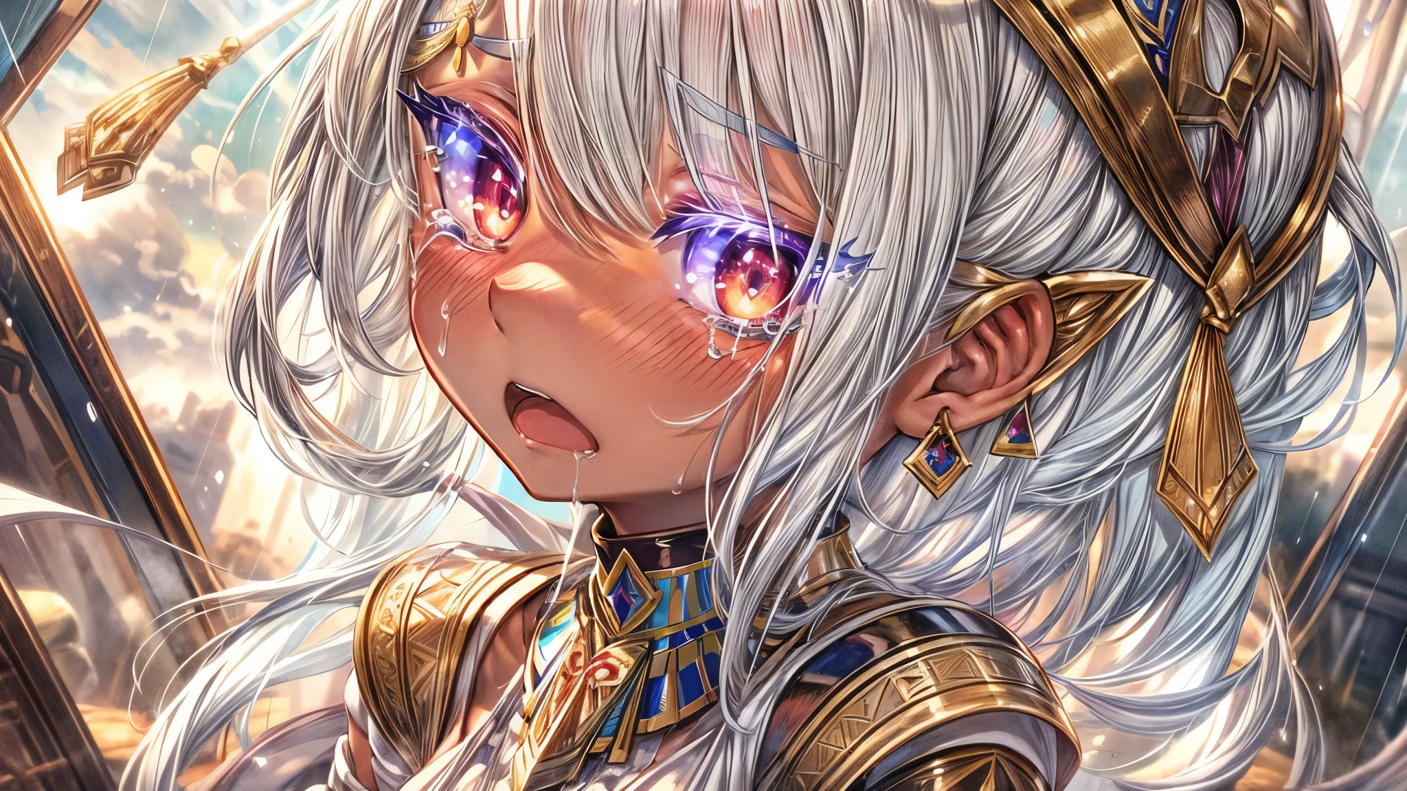 High resolution, masterpiece, Highest quality, Textured skin, Plump Skin, Glowing Skin, girl, Just One, Brown Skin, Tanned character, White Hair, White eyelashes, Small breasts, human, Royalty, Crescent-shaped earrings, Egyptian ornaments, Flying in the air, dress, armor, Rubber Suit, Low exposure, Anime-style illustrations, Are crying, Crying, sorrow, Big tears, In the heavy rain