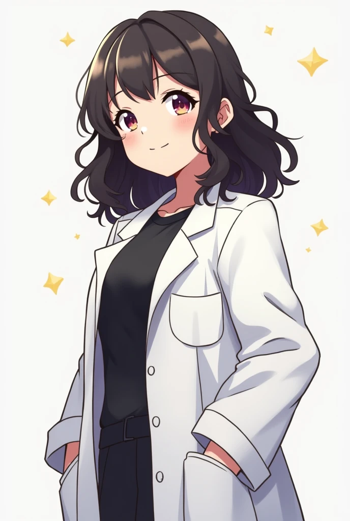 Average chubby girl with wavy hair wearing black and white lab coat anime version