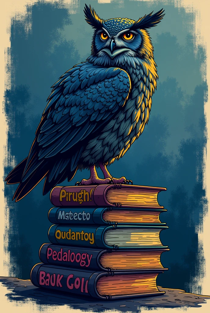 A print for the back of a sweatshirt for the pedagogy course where there is an owl with yellow eyes with open wings and carrying the words PEDAGOGY on the back, This owl is drawn only with dark blue, almost rock-like lines and the pedagogy is colored in a way that resembles pedagogy, the owl is on top of a pile of books