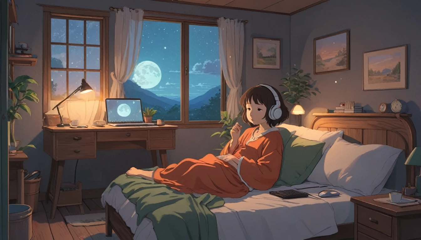 Create an illustration of a cartoon character wearing headphones and sitting at a desk with a laptop, designed with a Lofi Artstyle, inspired by Satoshi Kon and Studio Ghibli aesthetics. The character, in a serene and cozy bedroom setting, should have a relaxed, sleepy expression. The desk can have a soft nightlight and a calming environment to emphasize the sleep theme. Use Ghibli anime style and Lo-fi feeling to evoke a tranquil atmosphere suitable for winding down. The scene should include elements like a comfy blanket, a pillow, and a gentle night sky visible through a window, reflecting the aesthetic of Chihiro Fujisaki from Ghibli’s works.


