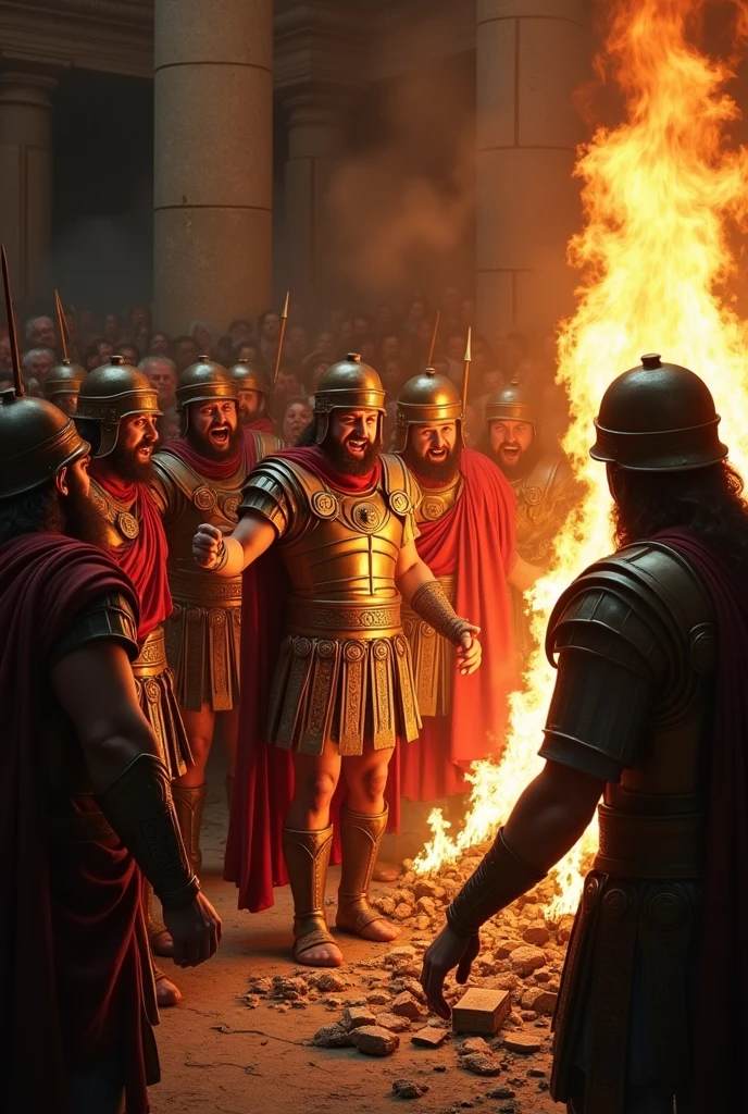 An image showing the Romans setting fire to the Jewish holy books,that shows the Romans laughing and the Jews sad and crying.