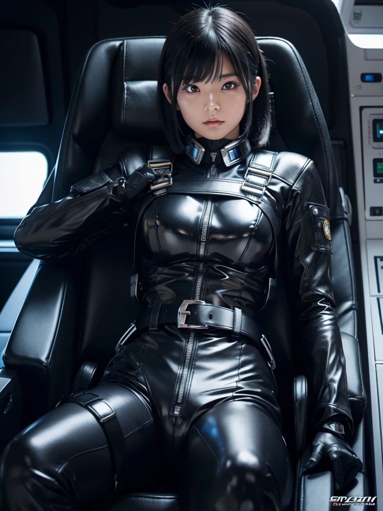 Japanese Sentai heroine,Black Hair,The spaceship's cockpit,He is fully secured in the black seat by a thick black harness belt.,Silver skin-tight bodysuit,Plump,