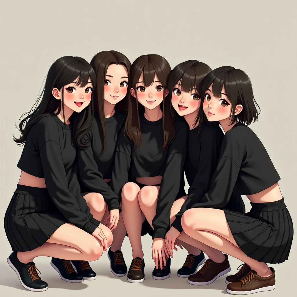 A group of female students wearing black skirts and black cropped sweaters are squatting and smiling