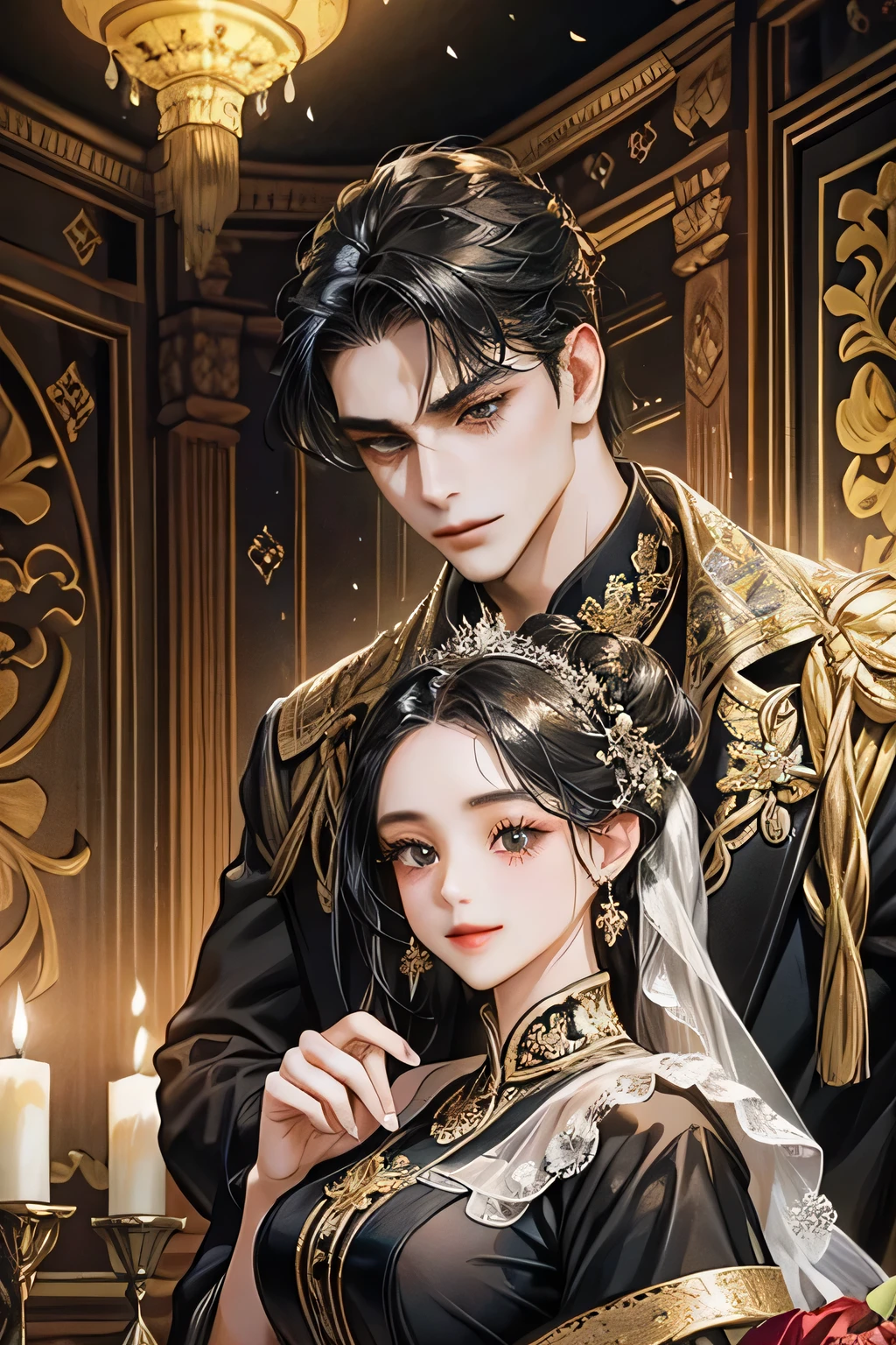 couple, javanese style, black, smile and charming, quiet but gentle, light black eyes, royal palace, dark black hair, flower bloom, wedding black suit, altar, kebaya, palace, indonesia temple, javanese style, (big masculine body male, swept side short dark black hair), (sweet and charming with big bun black hair female), masterpiece, detailed body, accurate