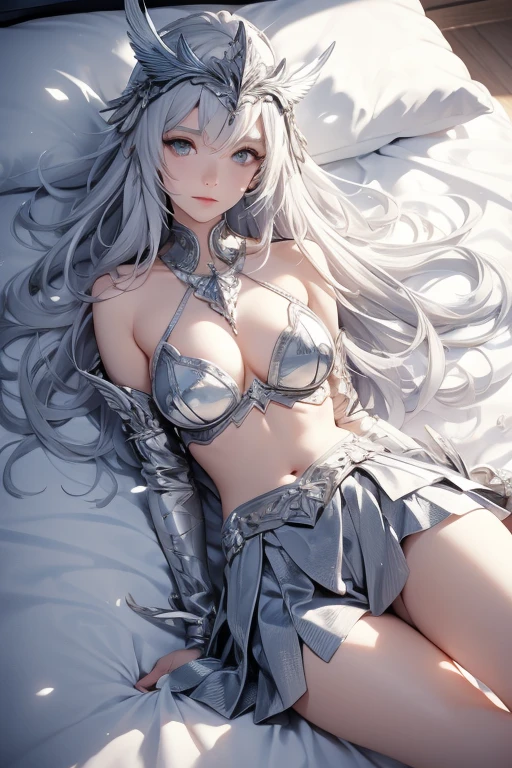 valkyrie, At the bed, Lying down, Silver Hair, A helmet adorned with feathers, , Small breasts, Spread your legs, skirt, Angel's wing, Open your mouth, Smiling face