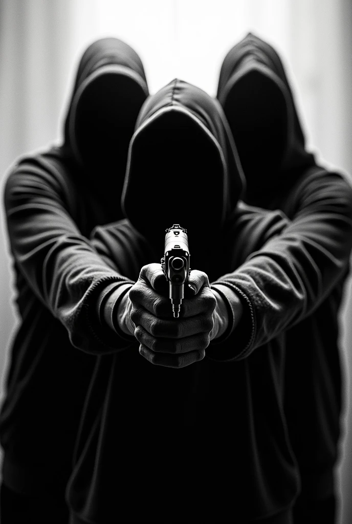 A black silhouette of three people with a gun