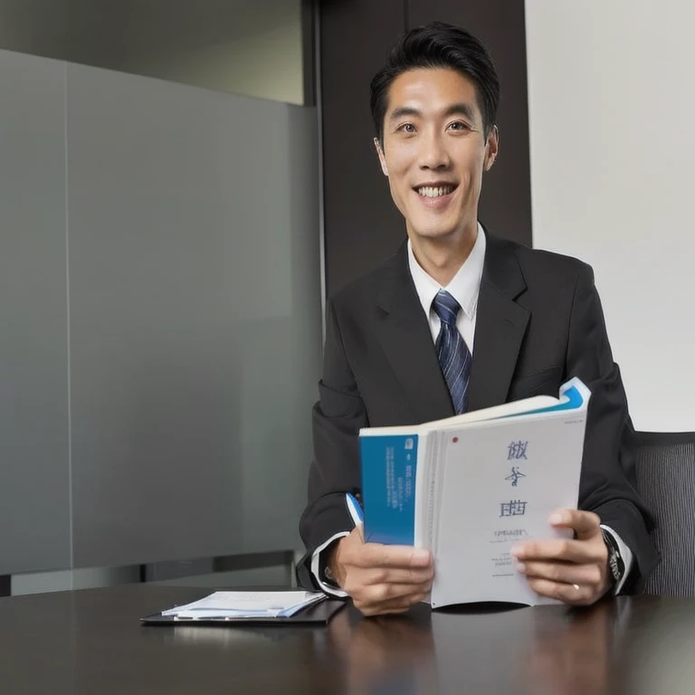 Smiling man in a suit sitting at a table holding a book, Company Photo, Marketing Photos, Professional image, Corporate Wear, Corporate Portrait, At the office, Asian Man, 明るい照明の下で撮影したProfessional photos, Professional photos, Professional Portrait, Photo portrait, Asian Man, professional Corporate Portrait, Portrait Shot, engineer, Consistent Expert, Professional profile photo, kousuke oono