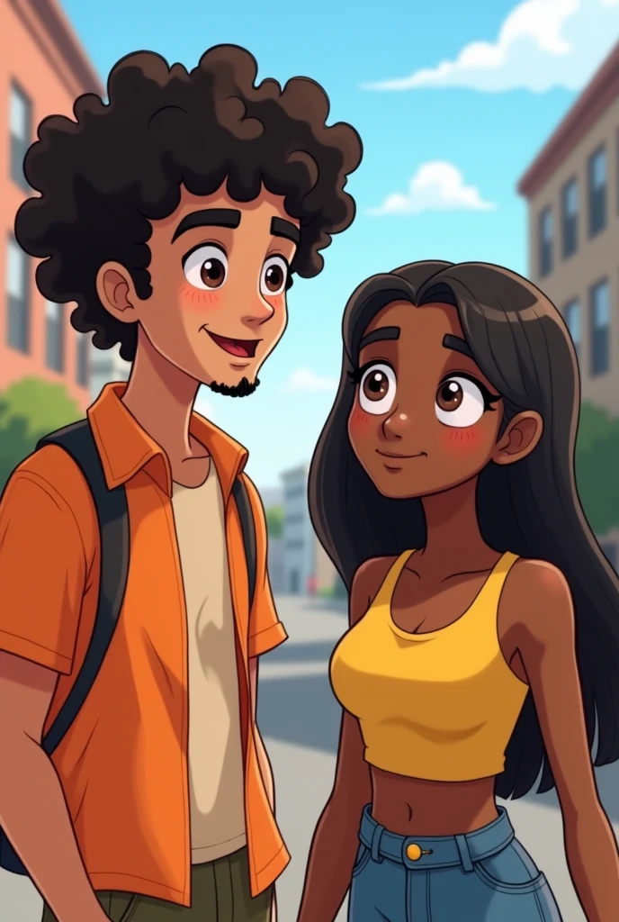 Two young people around , a man and a woman, the man being taller and with very curly hair, both dressed in clothes, and the woman with straight hair. that the whitest male is Latino and the woman is dark-skinned, that the man is without a beard, animated type