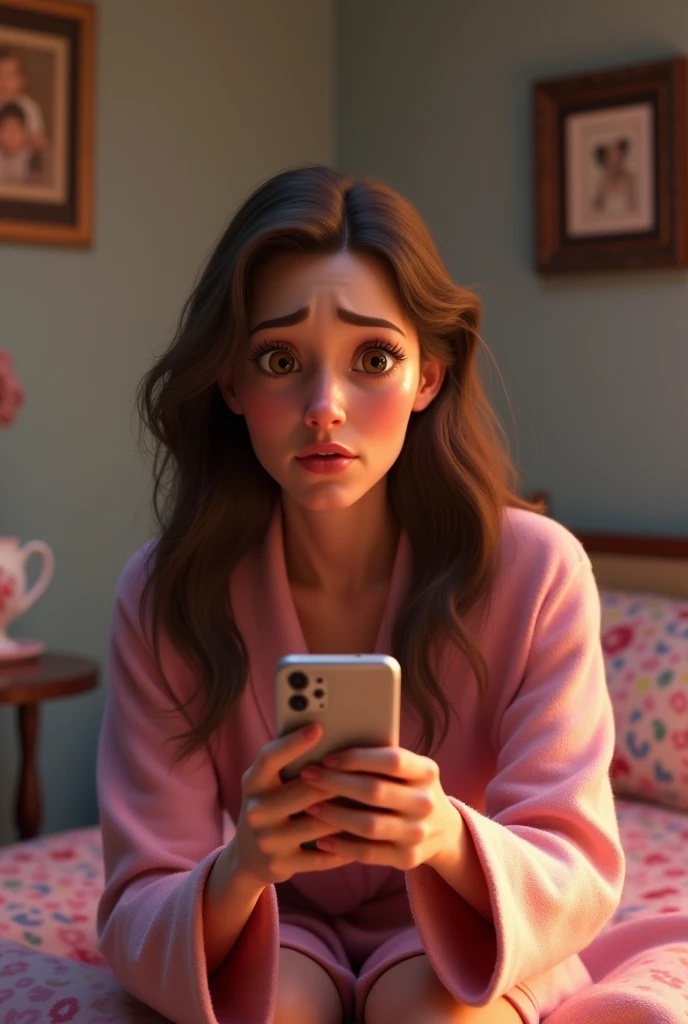 Pixar image of a woman with long wavy brown hair and dark brown eyes in her room in her pink robe recording herself with her cell phone crying