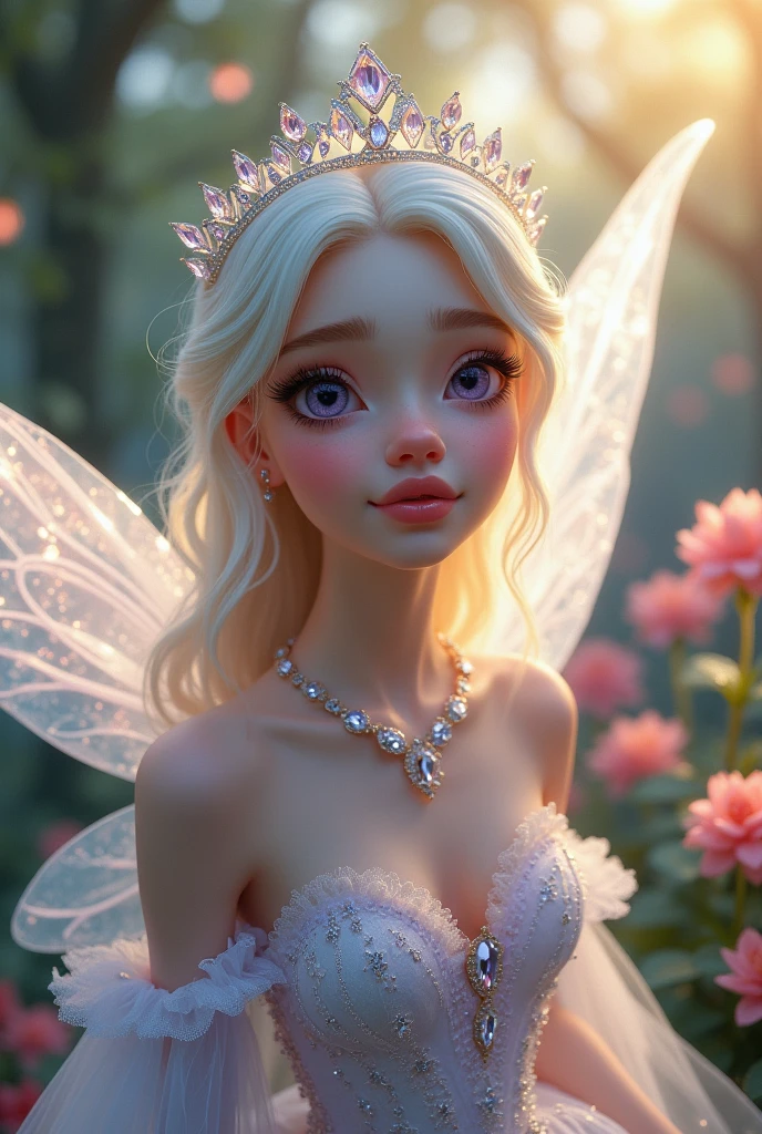 (best quality, masterpiece, Very detailed, Very detailed, Beautifully, 16K,Full HD),A little closer,Dramatic Lighting,Pastel colors,Asahi, Soft lighting, ((Solitary:1.5)),A sky at dawn,from above,((head shot)),wake up,Lots of flowers,The entire screen is surrounded by flowers,(Crystal Forest),(Fairy tale princess, Purple Eyes, Long eyelashes,White skin,Slim,Light pink plump lips,Pale pink cheeks, bionde,Slender,(High and pointed nose,Small nose),(From above her waist, a giant fairy wing),elegant,Flower Magic,Diamond Tiara,Diamond Earrings,Diamond Earrings,Diamond necklace,White ball gown with diamonds, Lace and ruffles,(Smile:1.2), (fantasy, Romantic atmosphere), Magic lights,