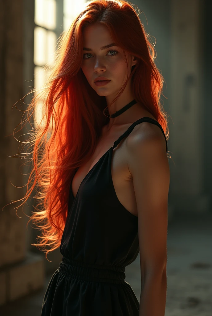 a  girl with long red hair, heterochromatic eyes, pale skin, huge breast,, something that matches her mysterious and strong personality. Overall, her appearance would be striking, attracting curious and intrigued looks, flat chested, cinematic lighting, chromatic aberration, backlighting, masterpiece, high details, high quality, 4K.