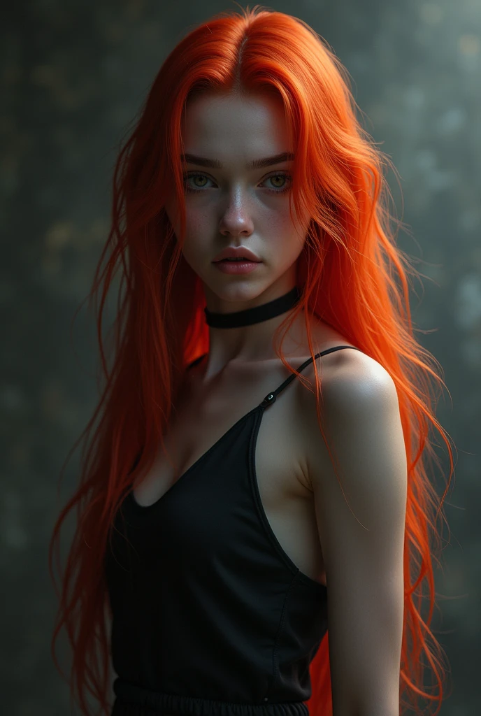 a girl with long red hair, heterochromatic eyes, pale skin, huge breast,, something that matches her mysterious and strong personality. Overall, her appearance would be striking, attracting curious and intrigued looks, flat chested, cinematic lighting, chromatic aberration, backlighting, masterpiece, high details, high quality, 4K.