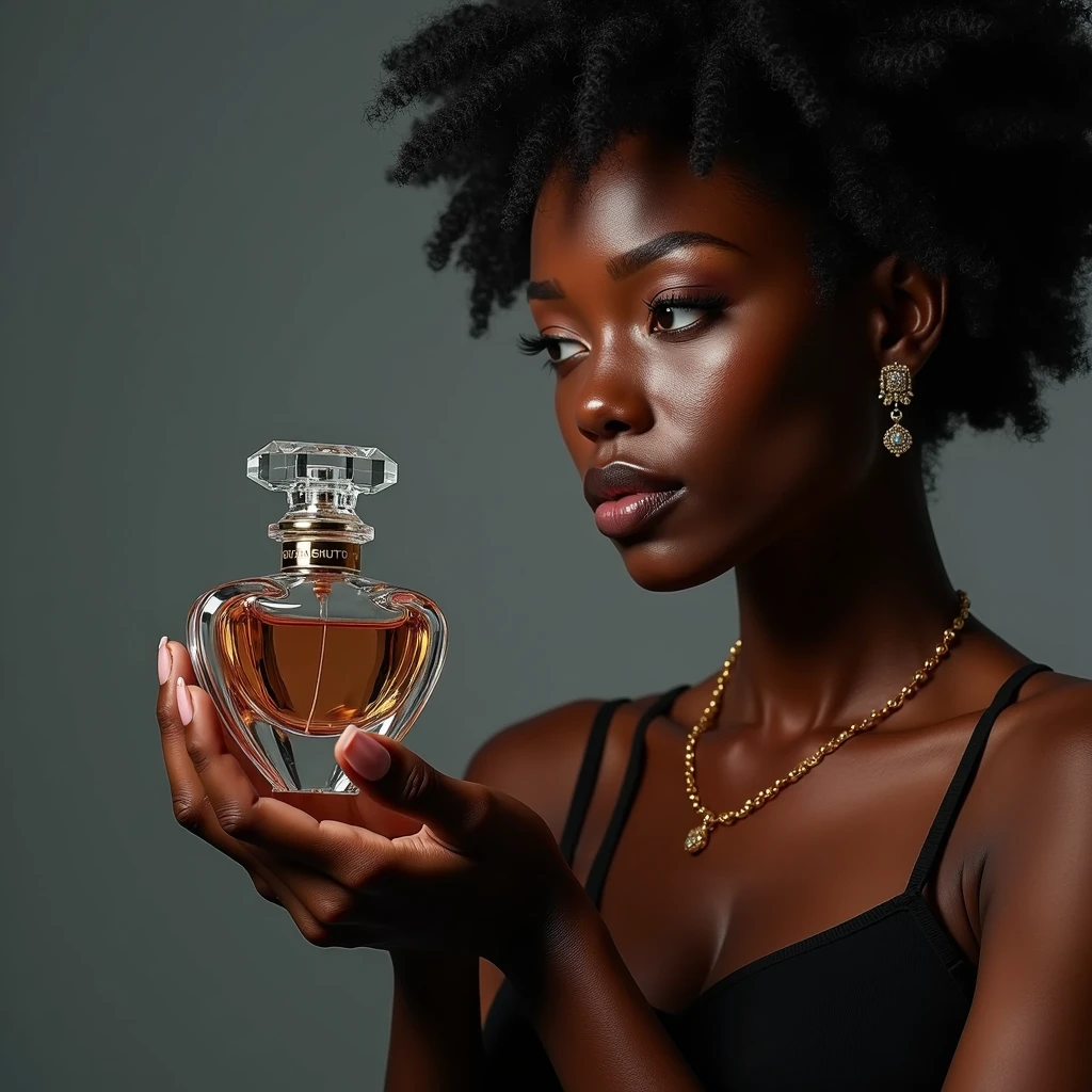 beautiful ebony skinned woman, professional photography studio, elegant perfume bottle, concentrated passionate expression, holding camera firmly, carefully focusing on perfume bottle, soft diffused lighting, minimalist background, sophisticated crystal perfume bottle design, balanced reflections and shadows, high quality, 8k, photorealistic, professional photographer, studio lighting, physically-based rendering, vivid colors, jewelry, portrait, product photography