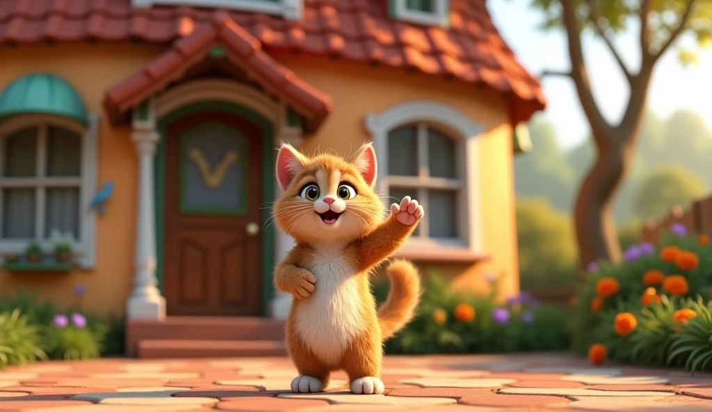 A cat waving in front of a house, Photo by Pixar, CG 