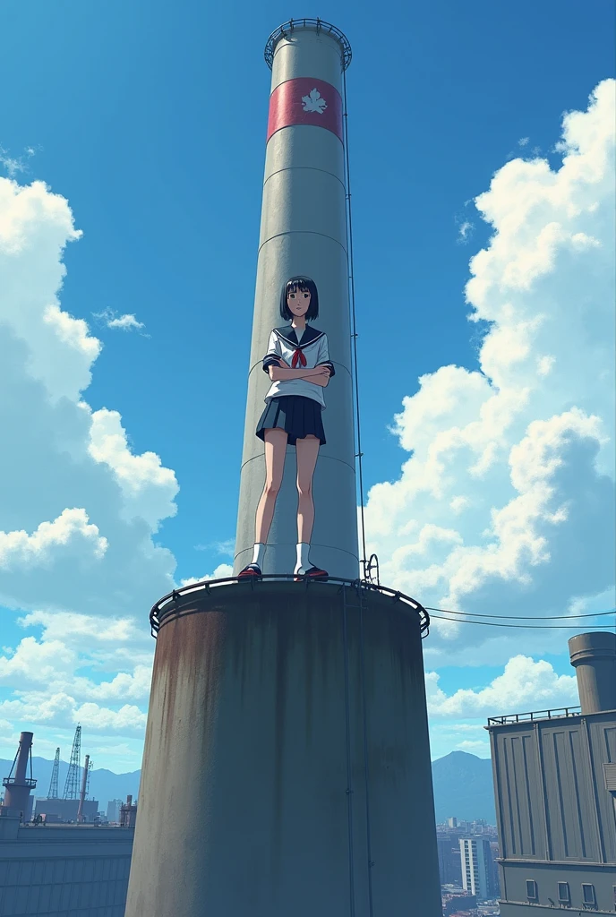A high school girl standing with her arms folded on top of a tall chimney、Black Hair、Bobcut、Japanese、Dynamic composition、Real。