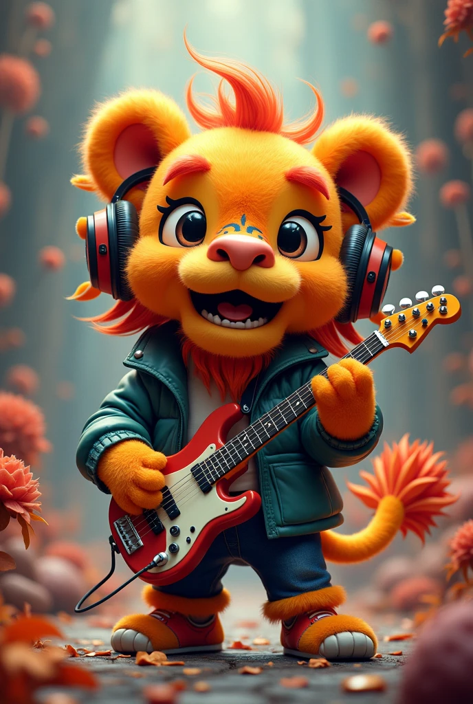 chinese style， cartoon lion，velues，highly detailed surreal vfx，独奏，vision，Ultrathin，extremely detaild，high qualiy，8k ，OC rendering，dynamic perspective, in jacket and headphones, of tennis
