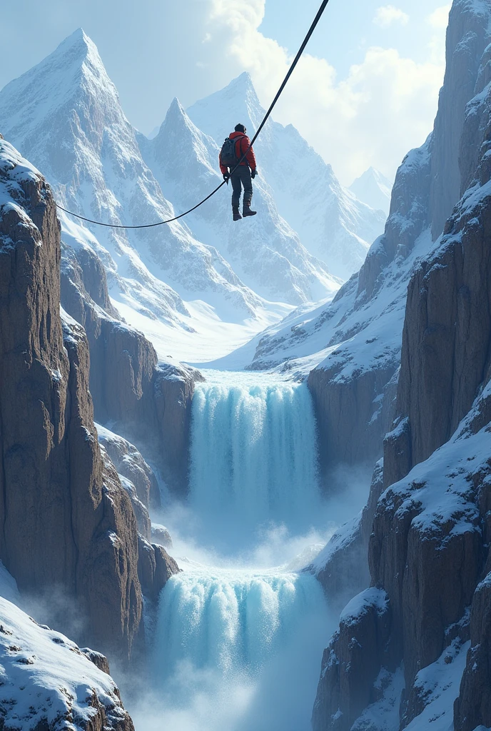 Snow mountains with a waterfall and a man crossing the waterfalls with a zip line
