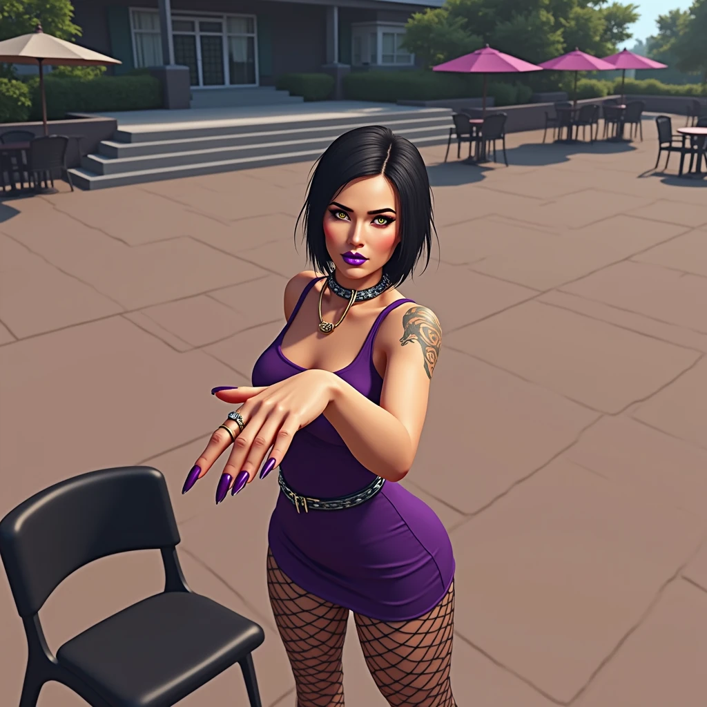 there is a white woman standing in a purple dress blowing a kiss toward the camera. her hand is extended toward the camera with he palm up and her fingers spread, foreshortening, her other hand is down by her side. lacivious pose, doing a sassy pose, she has distinctive (gold eyes:1.3) that make her stand out, her short black hair is pulled back, pale skin. fishnet stockings, metal belt, wedding ring, dog collar, purple lipstick. a black patio chair is next to her, with more patio chairs, tables and umbrellas in the background, along with trees, a patch of grass. A concrete ramp leads up to a higher level. realistic, ultra realism, 4k, hd, uhd, realistic skin textures and shadows, highly detailed eyes, kissing lips. view from above, pov from above. emphasize the hand in the foreground, ensure it has the correct number of fingers.