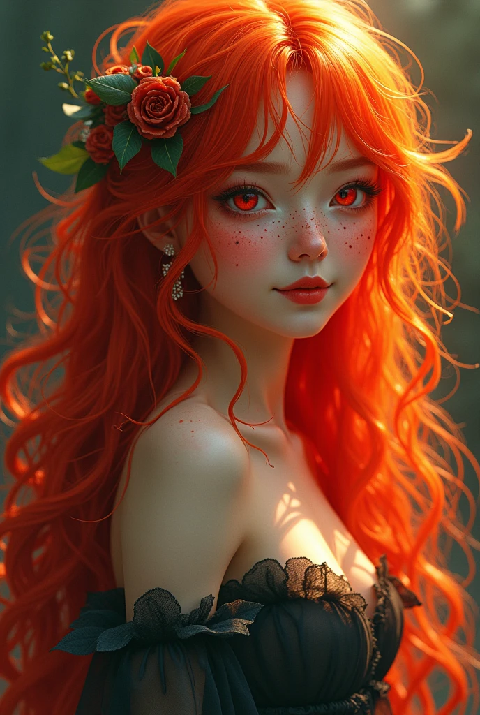 Girl with wavy red hair that cascades down like a waterfall of fire to her waist, owner of an almond-shaped look with scarlet irises, has rosy cheeks and is full of freckles, has red lips and a friendly expression. Her body is short but still curvy and feminine..