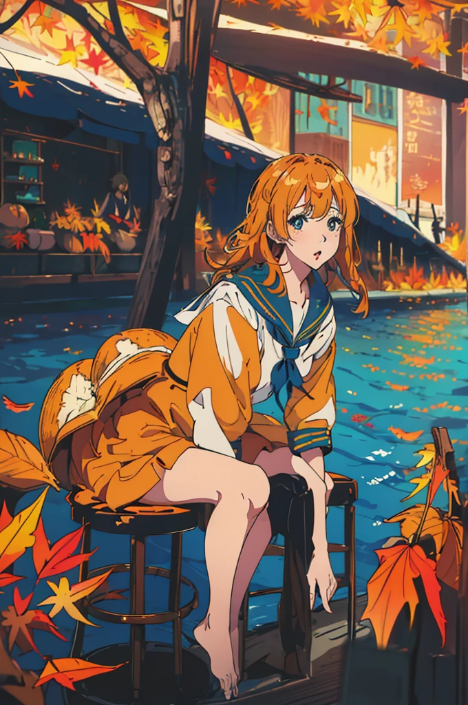 (masterpiece:1.2), Highest quality,Pixiv,Surprised girl,Portraiture、1、Large Breasts、Small waist、Close-up of face、Ecstasy、((((Autumn Outfits、Sailor suit、squat))))、mini skirt、Girl sitting、Beer and Yakitori、barefoot