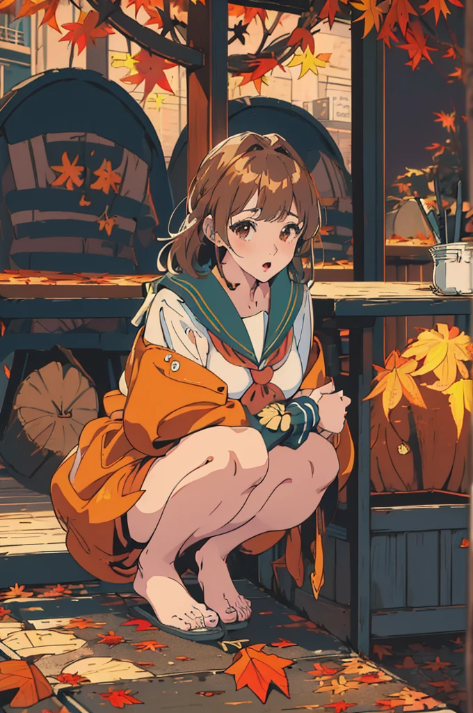 (masterpiece:1.2), Highest quality,Pixiv,Surprised girl,Portraiture、1、Large Breasts、Small waist、Close-up of face、Ecstasy、((((Autumn Outfits、Sailor suit、squat))))、mini skirt、Girl sitting、Beer and Yakitori、barefoot