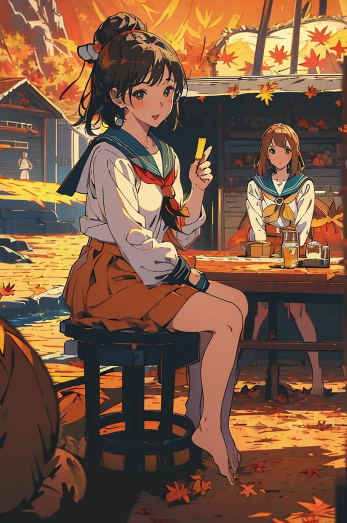 (masterpiece:1.2), Highest quality,Pixiv,Surprised girl,Portraiture、1、Large Breasts、Small waist、Close-up of face、Ecstasy、((((Autumn Outfits、Sailor suit、squat))))、mini skirt、Girl sitting、Beer and Yakitori、barefoot