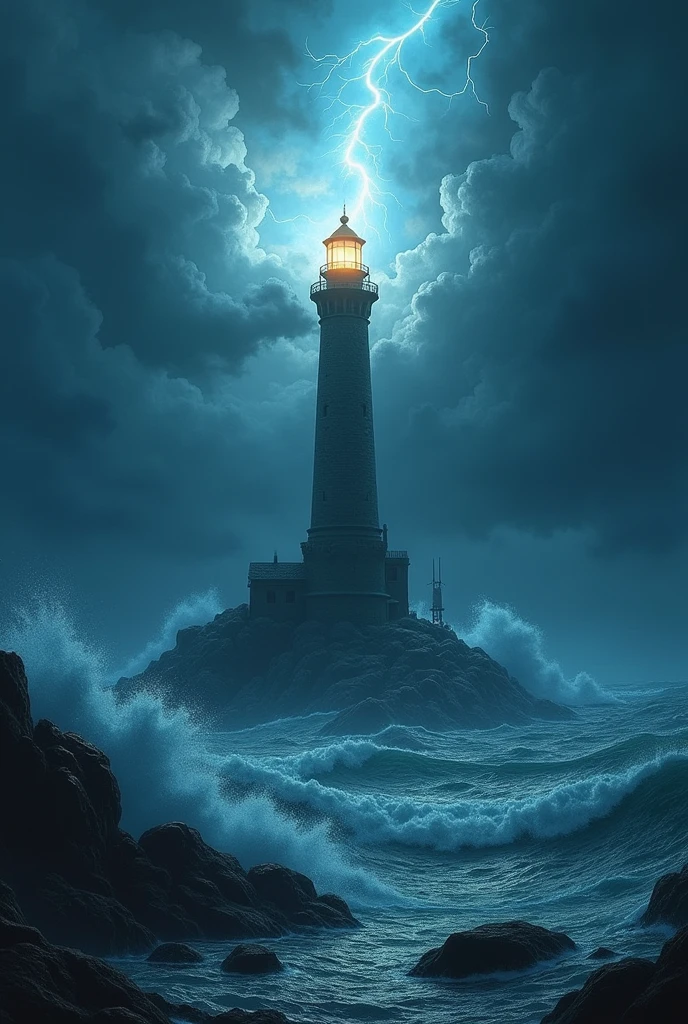 A drawing of a lighthouse in the middle of the sea, with waves, in a storm with lightning, In the middle of the night, with the light on, magical and special atmosphere, artwork 