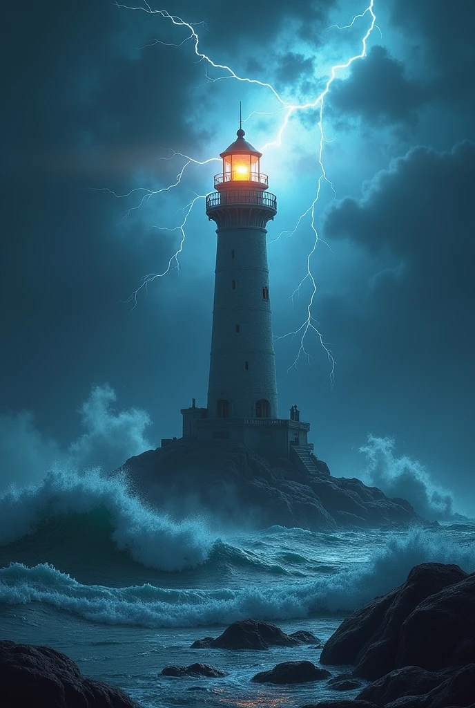 A drawing of a lighthouse in the middle of the sea, with waves, in a storm with lightning, In the middle of the night, with the light on, magical and special atmosphere, artwork