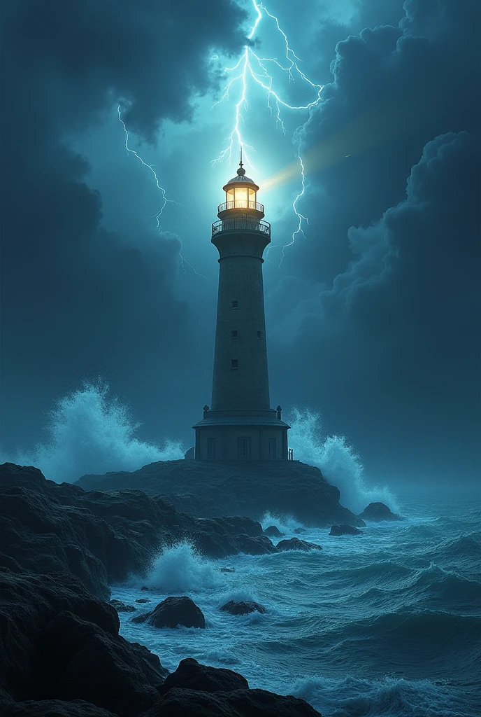 A drawing of a lighthouse in the middle of the sea, with waves, in a storm with lightning, In the middle of the night, with the light on, magical and special atmosphere, artwork