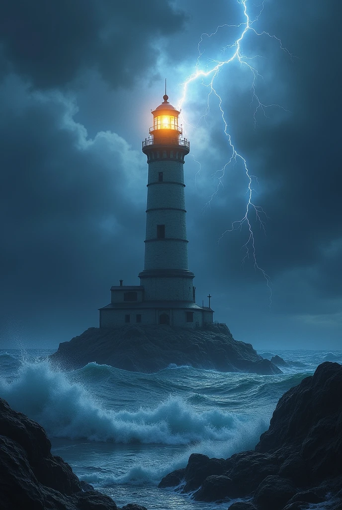 A drawing of a lighthouse in the middle of the sea, with waves, in a storm with lightning, In the middle of the night, with the light on, magical and special atmosphere, artwork