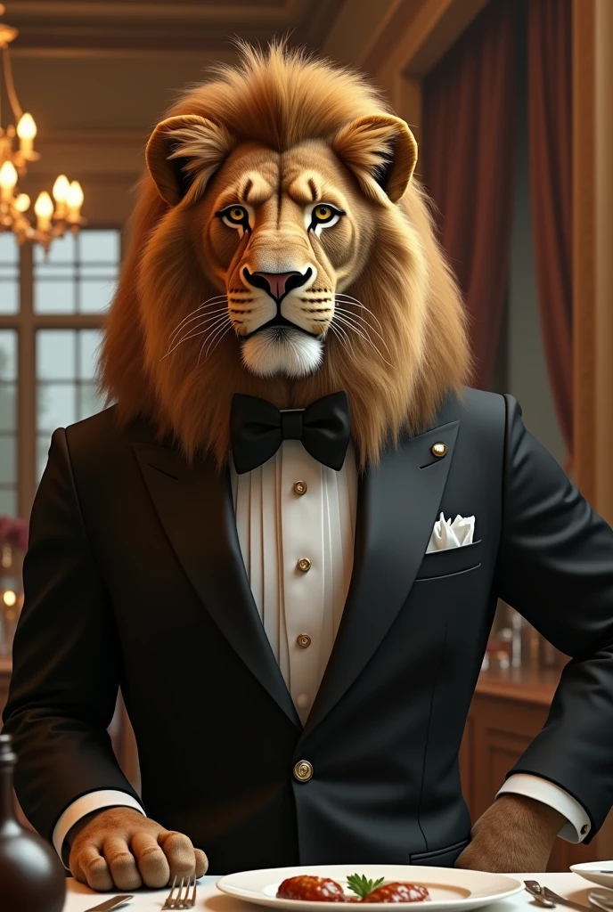 Lion thinking what he will eat today  in a formal dress