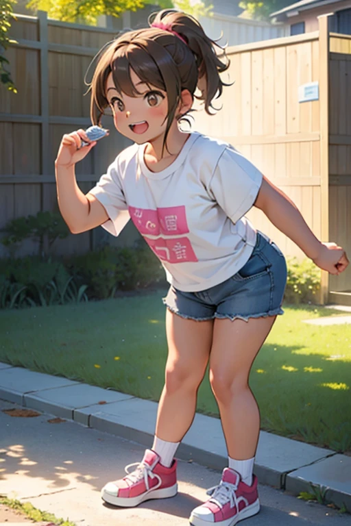 cute age girl, short stature,flat chest,Cute chubby girl, Chubby body type, Light brown straight hair with fluff gathered in a ponytail、Brown eyes, In a white oversized T-shirt and short denim shorts., Pink sneakers,Having fun, playing in the backyard,