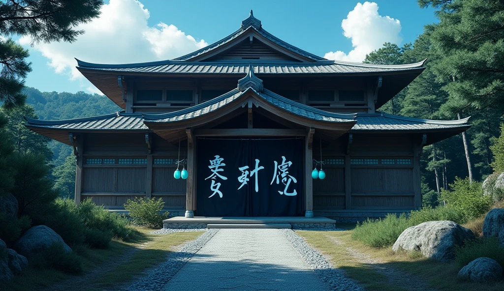 A mysterious large Japanese-style mansion、Wide width、Near the forest、It's a single-story wooden building with an eerie monument visible in the back.、Inspired by old Japanese houses、Creative religious facilities、辺境の寂しい場Placeにある、A glimpse of unknown technology、It has been several decades since it was built.、The surrounding background is bright during the day, so the area around the building has a creepy atmosphere to contrast with it.、Place々Rough、A large black curtain with mysterious letters written in white hangs at the entrance.、Several glowing blue lanterns are attached to the building.、The sky in the foreground is blue, but dark clouds can be seen in the distance.
