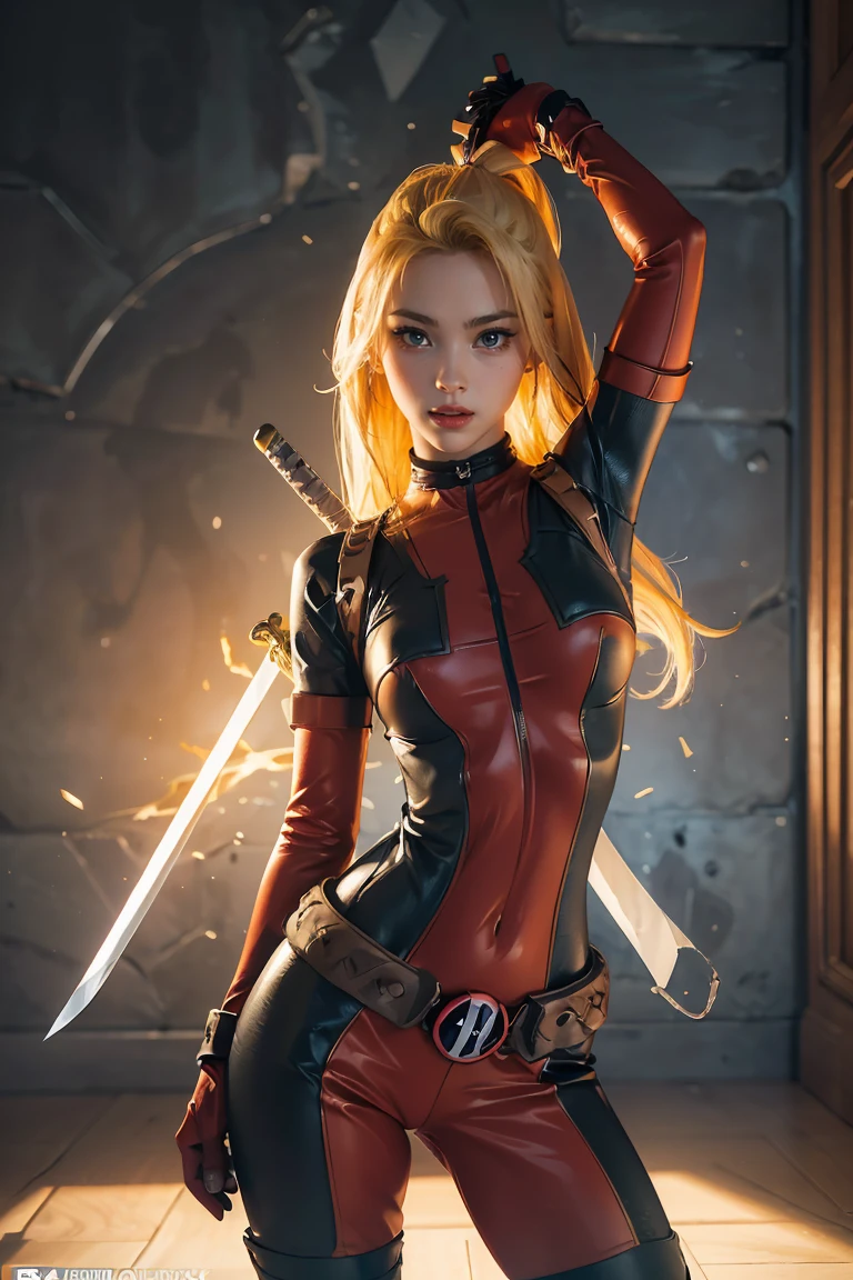 (((3d,CGI))) “cartoon art-style” realistic portrait of a sexy and busty female superhero character in the style of Deadpool, I have blonde hair., Wear tight clothing., holding a sword, Pose seductively and confidently, It is large, good figure., (best quality,4K,8ก,height,Masterpiece:1.2),Very detailed,(realistic,photorealistic,photo-realistic:1.37),Very detailed,Beautifully detailed eyes,Beautifully detailed lips,ดวงตาและใบหน้าที่มีรายVery detailed,Long eyelashes,Intricate costume details,dynamic light,Stunning shadow,bright colors,movie elements